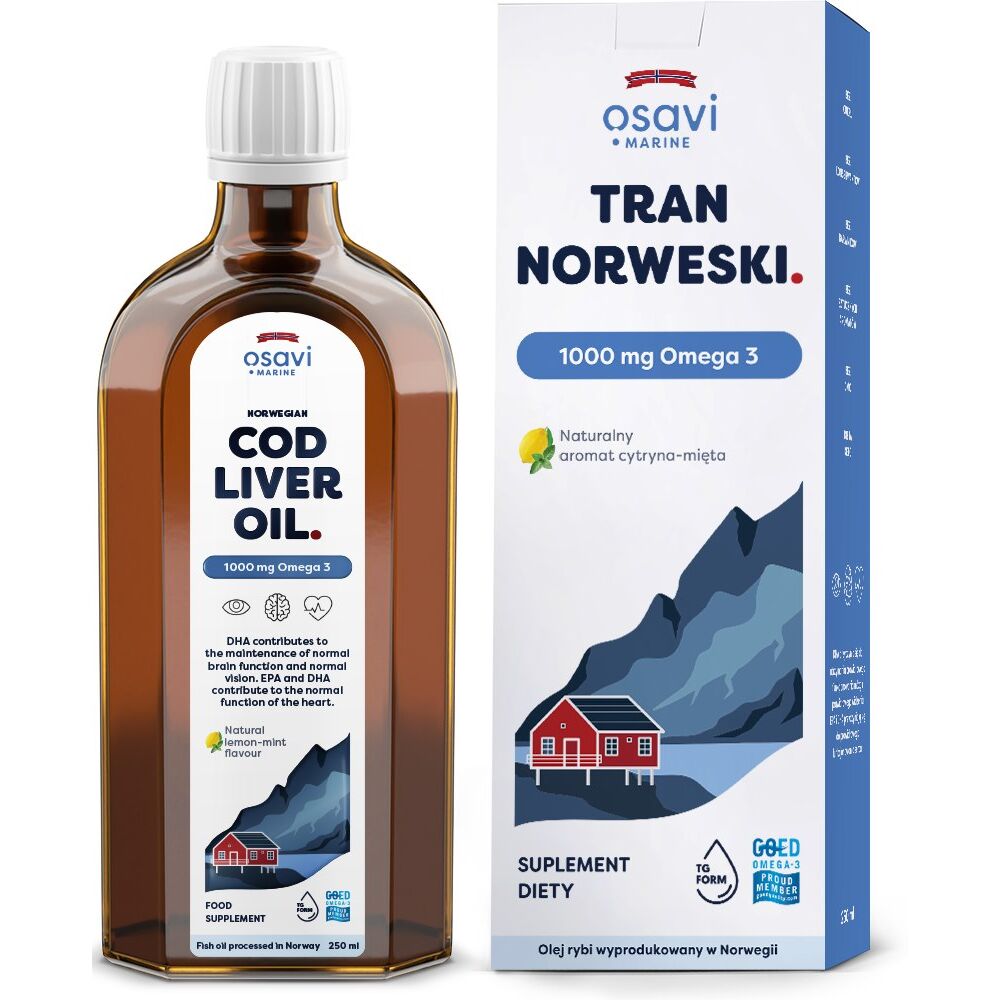OSAVI norsk torskeleverolie, 1000 mg omega-3 citron-mynte-smag (250 ml / 8,5 fl. oz.)